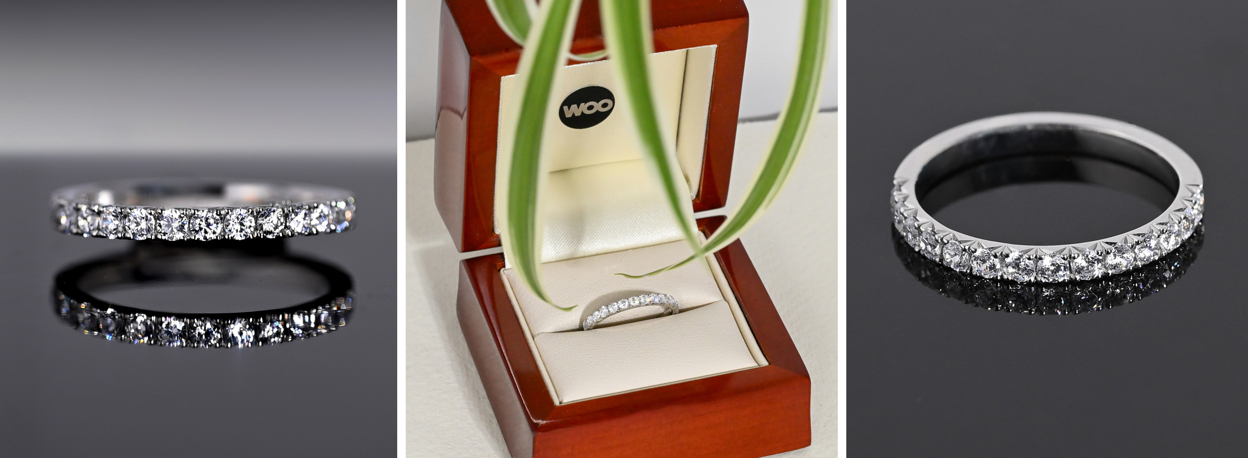 Platinum eternity ring with half-round diamond stone setting.